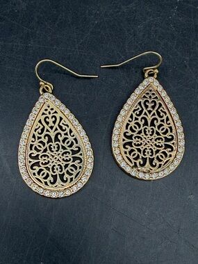 Anne Klein earrings gold tone hallow teardrop diamonds edge paved NWT